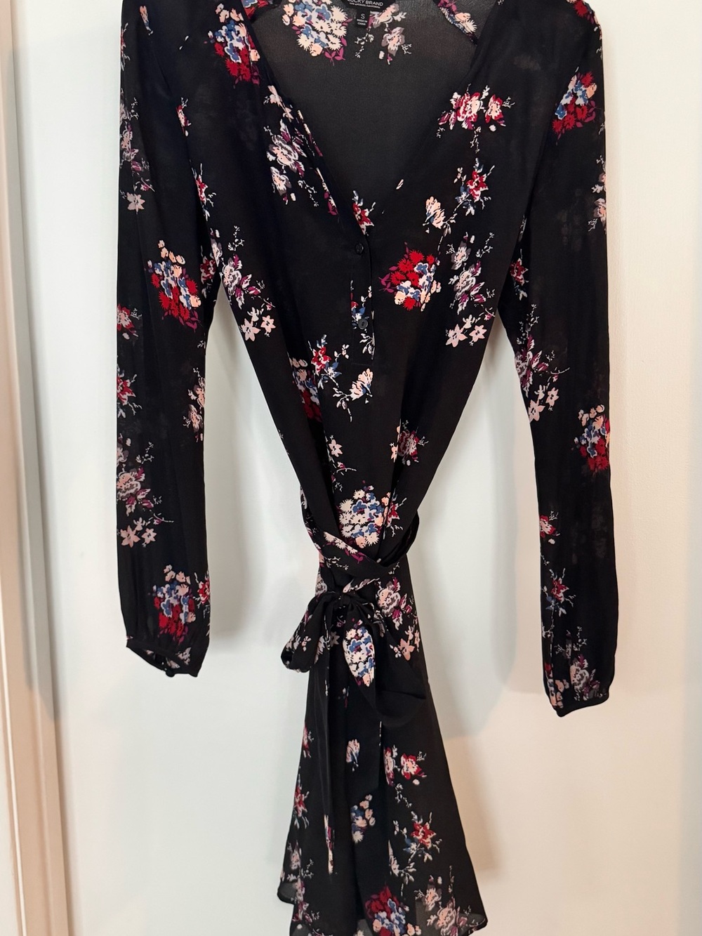 Lucky Brand Black Floral Long-Sleeve Tie-Front Dress